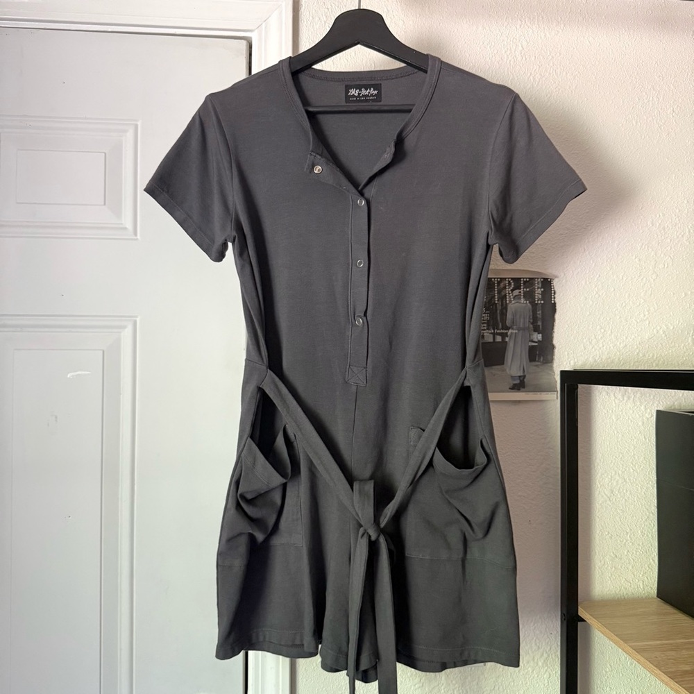 Back Beat Co. charcoal grey‎ garment dyed button up short sleeve belted romper